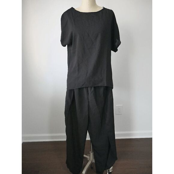 Black Short-Sleeve Top & Open side Wide-Leg Pants L #1804-C8 - Picture 2 of 11
